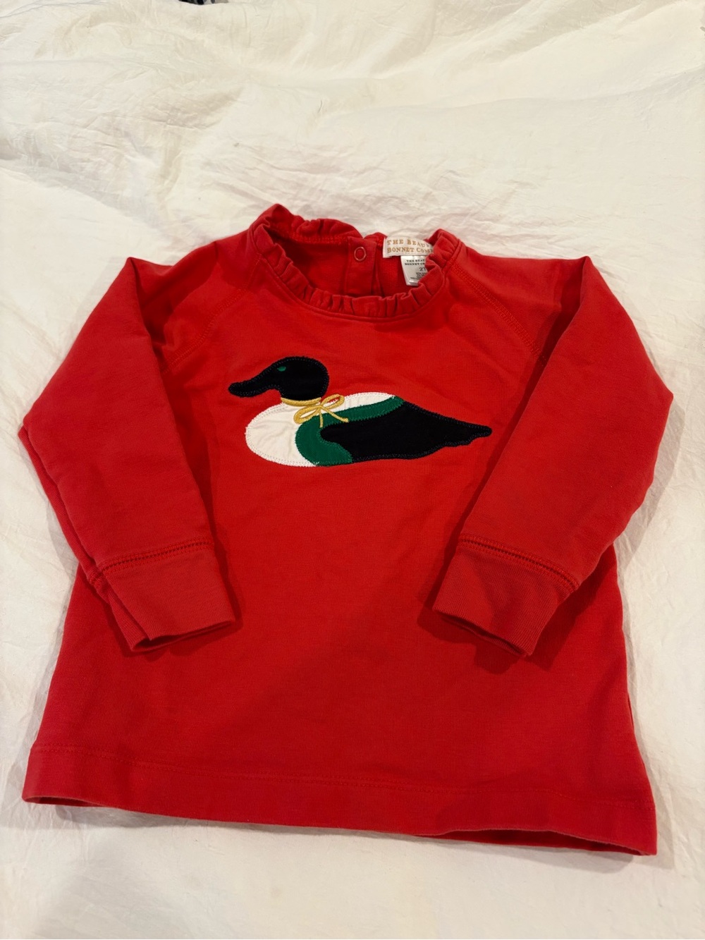 Red Long-Sleeve Girls Top with Mallard Duck Applique